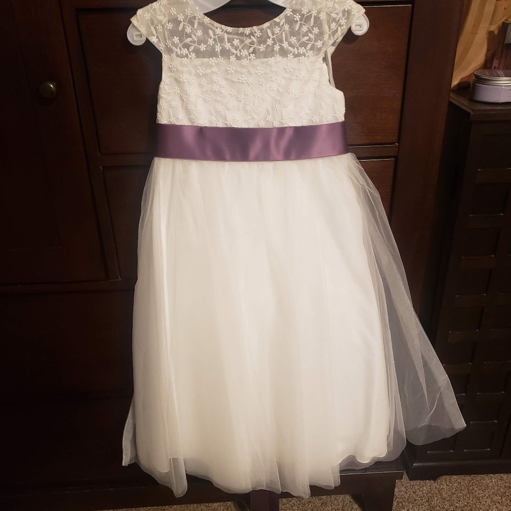 David's Bridal flower girl's soft white floral bodice dress with purple ribbon
